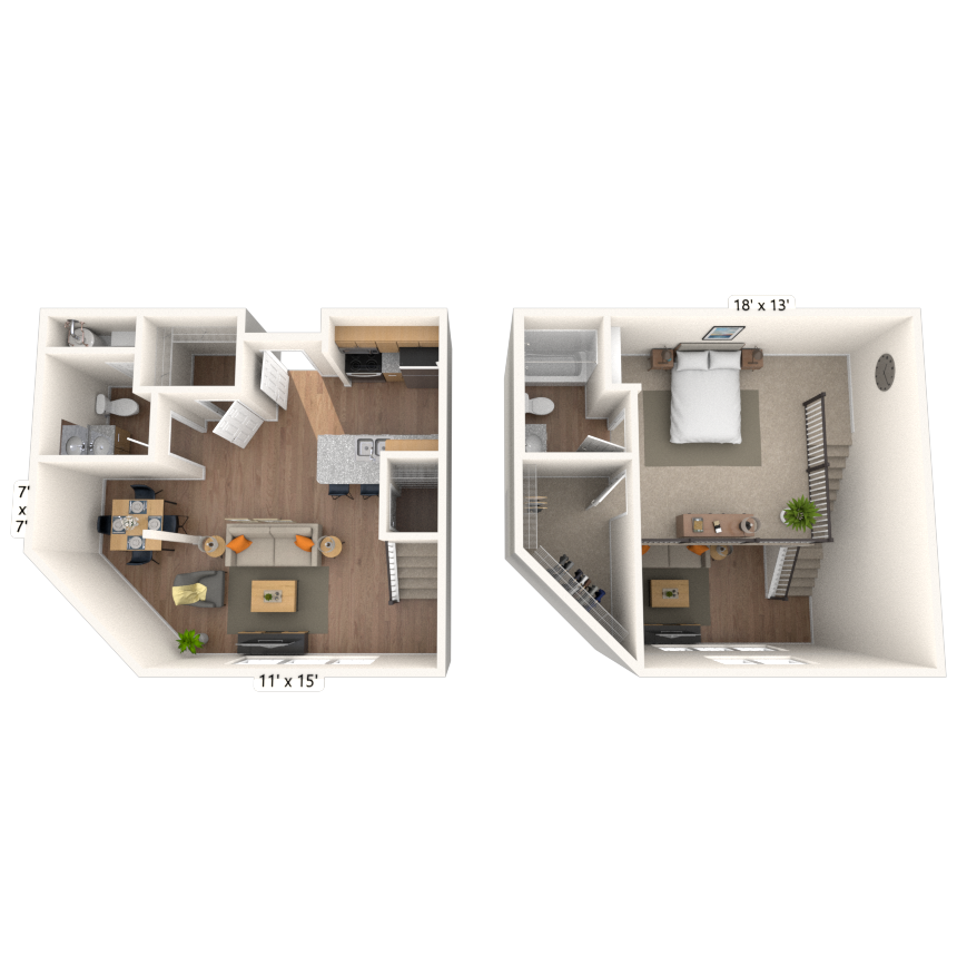 Floor plan for 1 bed, 1.5 baths, 898 sqft